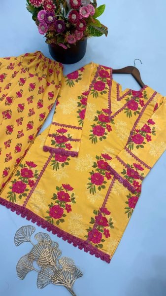 Classy Yellow Premium Natural Crepe Top Farshi Pant Co Ord Set for Women Ready To Wear Collection