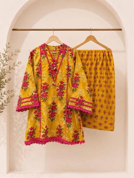Classy Yellow Premium Natural Crepe Top Farshi Pant Co Ord Set for Women Ready To Wear Collection