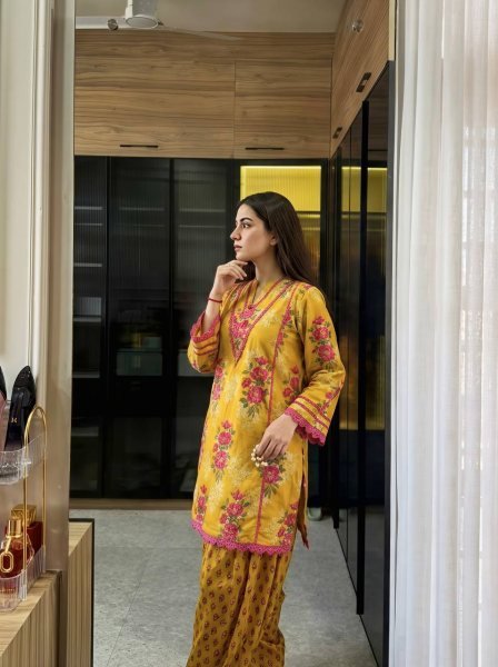 Classy Yellow Premium Natural Crepe Top Farshi Pant Co Ord Set for Women Ready To Wear Collection