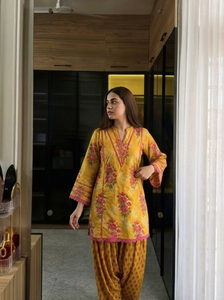 Classy Yellow Premium Natural Crepe Top Farshi Pant Co Ord Set for Women Ready To Wear Collection