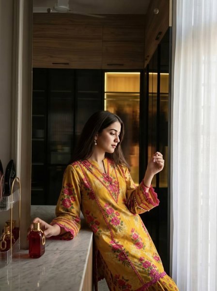 Classy Yellow Premium Natural Crepe Top Farshi Pant Co Ord Set for Women Ready To Wear Collection