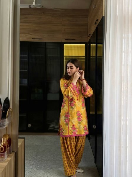 Classy Yellow Premium Natural Crepe Top Farshi Pant Co Ord Set for Women Ready To Wear Collection
