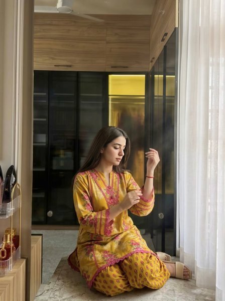 Classy Yellow Premium Natural Crepe Top Farshi Pant Co Ord Set for Women Ready To Wear Collection