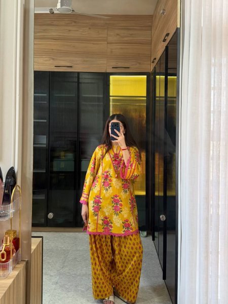 Classy Yellow Premium Natural Crepe Top Farshi Pant Co Ord Set for Women Ready To Wear Collection