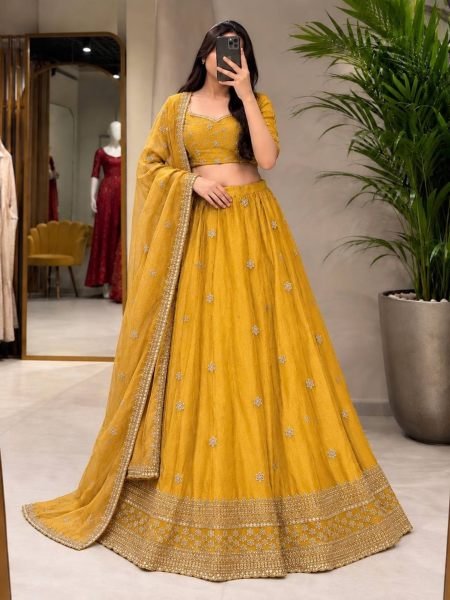 Classy Yellow Space Silk Jacquard Lehenga Choli with Embellished Blouse For Festival 
