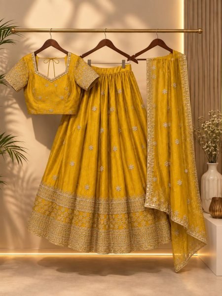 Classy Yellow Space Silk Jacquard Lehenga Choli with Embellished Blouse For Festival Designer Lehenga Choli
