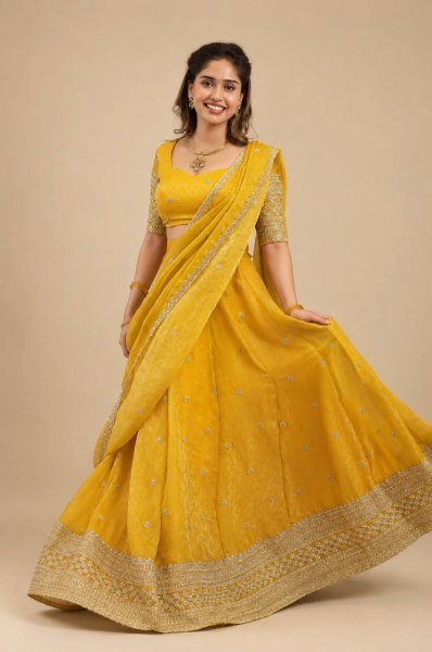 Classy Yellow Space Silk Jacquard Lehenga Choli with Embellished Blouse For Festival Designer Lehenga Choli