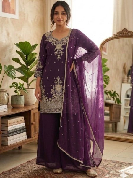 Clothing Supplier Royal Purple top Embroidery And sequence work With  palazzo And  Sequence Butty Dupatta  Ready To Wear Suit