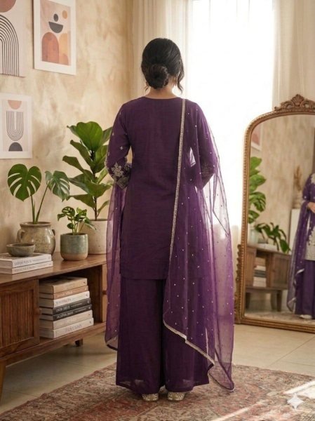 Clothing Supplier Royal Purple top Embroidery And sequence work With  palazzo And  Sequence Butty Dupatta  Ready To Wear Collection