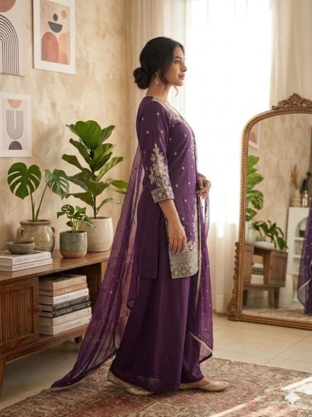 Clothing Supplier Royal Purple top Embroidery And sequence work With  palazzo And  Sequence Butty Dupatta  Ready To Wear Collection