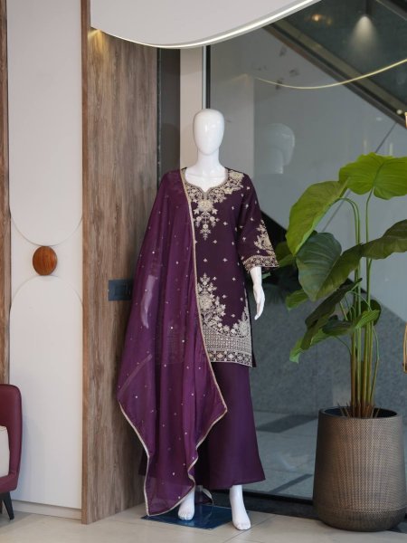 Clothing Supplier Royal Purple top Embroidery And sequence work With  palazzo And  Sequence Butty Dupatta  Ready To Wear Collection