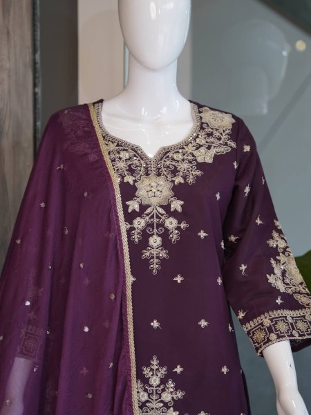 Clothing Supplier Royal Purple top Embroidery And sequence work With  palazzo And  Sequence Butty Dupatta  Ready To Wear Collection