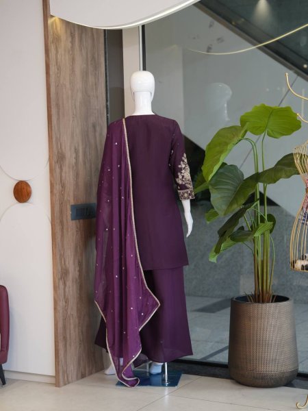 Clothing Supplier Royal Purple top Embroidery And sequence work With  palazzo And  Sequence Butty Dupatta  Ready To Wear Collection