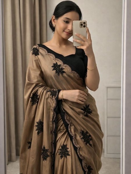 Coffee Designer Saree with Multi Sequins Work for Boutique Collection Sarees 