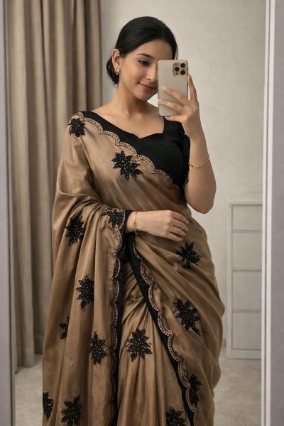 Coffee Designer Saree with Multi Sequins Work for Boutique Collection Silk Sarees Wholesale