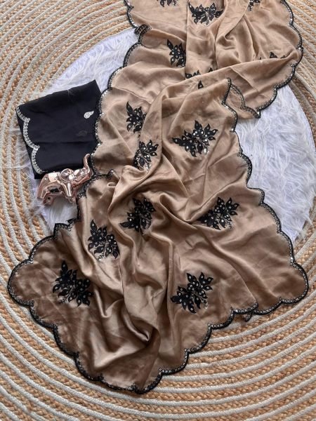 Coffee Designer Saree with Multi Sequins Work for Boutique Collection Silk Sarees Wholesale