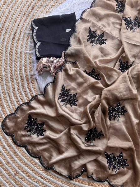 Coffee Designer Saree with Multi Sequins Work for Boutique Collection Silk Sarees Wholesale