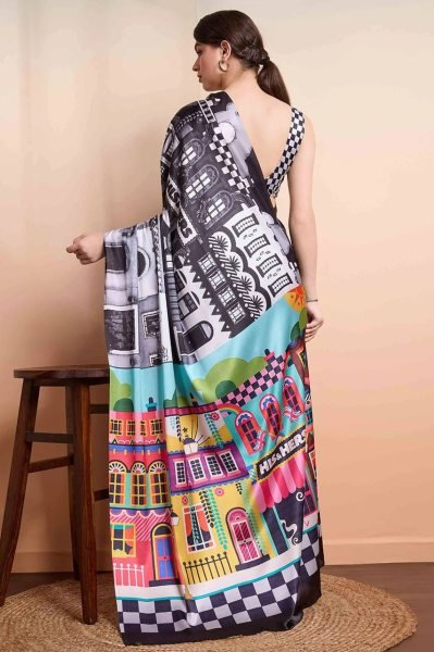 Colorful Japan Satin Saree with House Print Celebrity Look Designer Edition Bollywood Fancy Sarees Wholesale