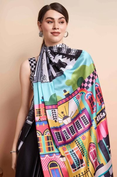 Colorful Japan Satin Saree with House Print Celebrity Look Designer Edition Bollywood Fancy Sarees Wholesale
