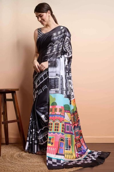 Colorful Japan Satin Saree with House Print Celebrity Look Designer Edition Bollywood Fancy Sarees Wholesale