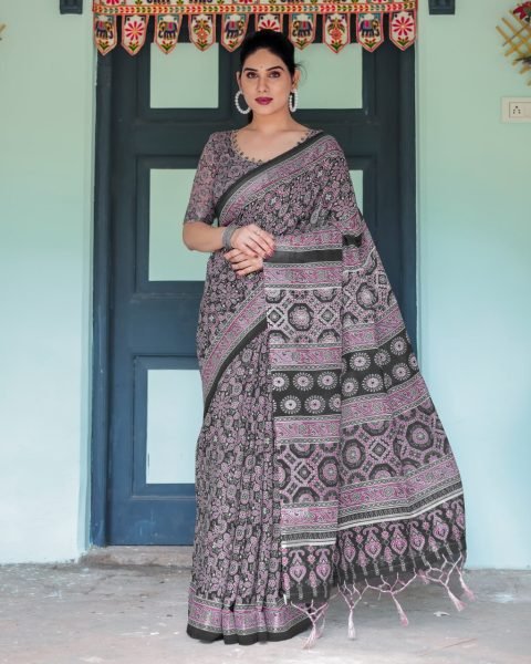 Comfortable Black Cotton Saree with Ajrakh Pattern for Everyday Wear Pure Chiffon Sarees Wholesale