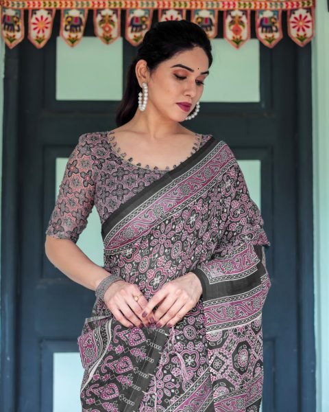 Comfortable Black Cotton Saree with Ajrakh Pattern for Everyday Wear Pure Chiffon Sarees Wholesale