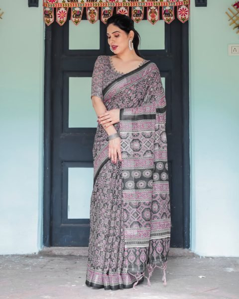 Comfortable Black Cotton Saree with Ajrakh Pattern for Everyday Wear Pure Chiffon Sarees Wholesale