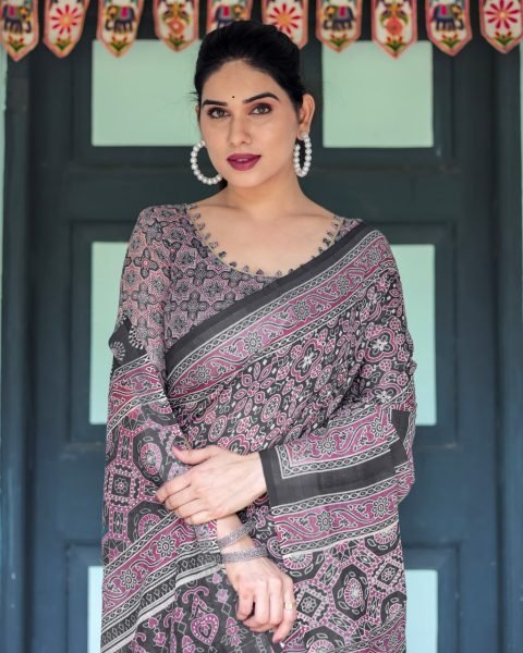 Comfortable Black Cotton Saree with Ajrakh Pattern for Everyday Wear Pure Chiffon Sarees Wholesale