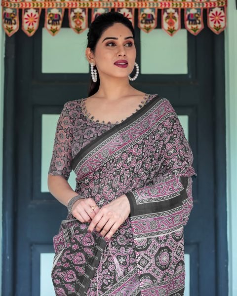 Comfortable Black Cotton Saree with Ajrakh Pattern for Everyday Wear Pure Chiffon Sarees Wholesale