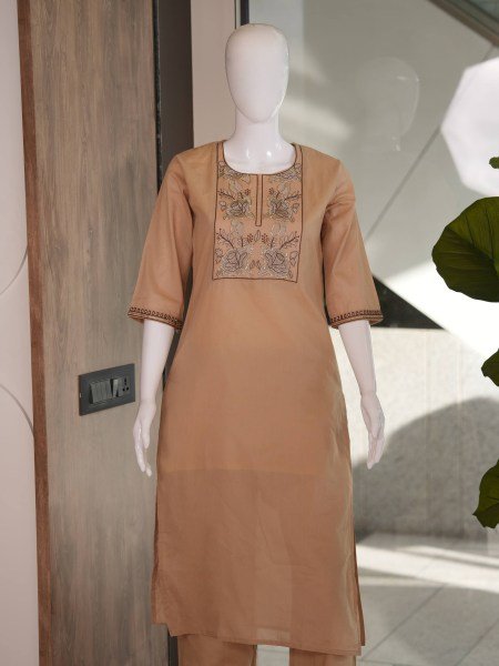 Comfortable Cream Cotton Ethnic Office Wear Cotton Kurti Set with Plazo  Embroidery Kurtis 