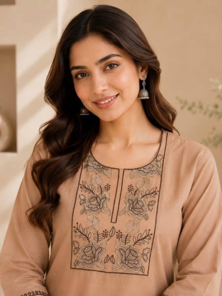 Comfortable Cream Cotton Ethnic Office Wear Cotton Kurti Set with Plazo  Embroidery Kurtis 