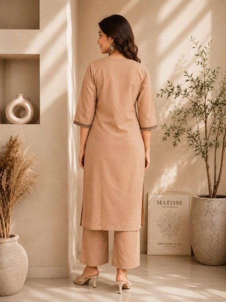 Comfortable Cream Cotton Ethnic Office Wear Cotton Kurti Set with Plazo  Embroidery Kurtis 