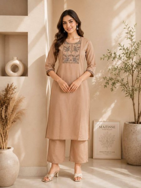 Comfortable Cream Cotton Ethnic Office Wear Cotton Kurti Set with Plazo  Embroidery Kurtis 