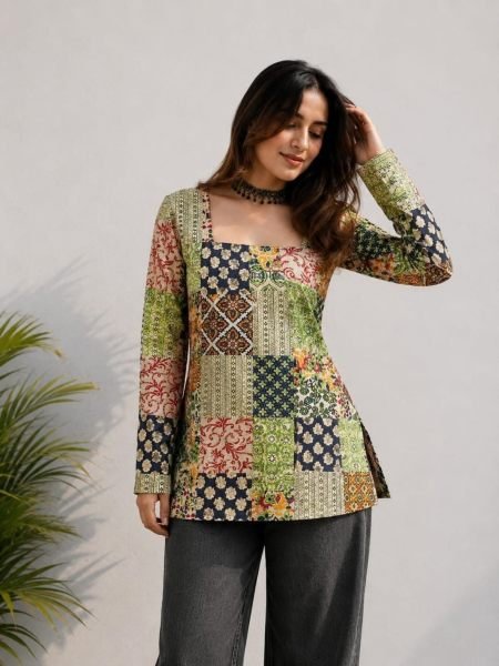 Comfortable Green Cotton Digital Printed Top for Daily Wear 