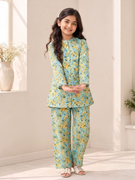 Comfortable Green Cotton Printed Top and Bottom Set for Kids Kurtis