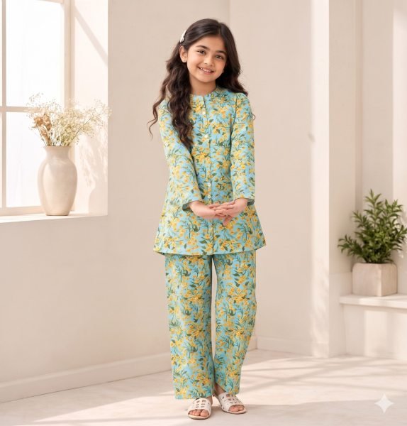 Comfortable Green Cotton Printed Top and Bottom Set for Kids Girls Wear