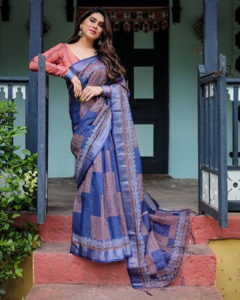 Comfortable Linen Cotton Saree with Intricate Abstract Pattern And Matching Blouse For Woman Linen Sarees Wholesale