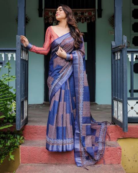 Comfortable Linen Cotton Saree with Intricate Abstract Pattern And Matching Blouse For Woman Linen Sarees Wholesale