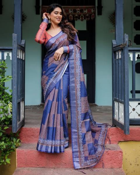 Comfortable Linen Cotton Saree with Intricate Abstract Pattern And Matching Blouse For Woman Linen Sarees Wholesale