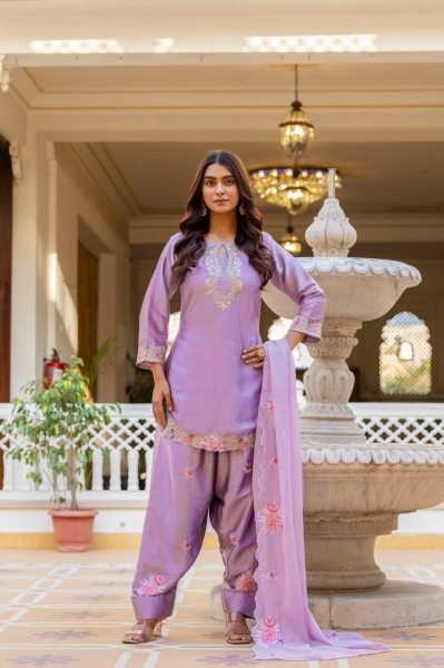 Comfortable Purple Satin Suit Set Whit DUpatta for Festive Occasions Embroidery Kurtis 