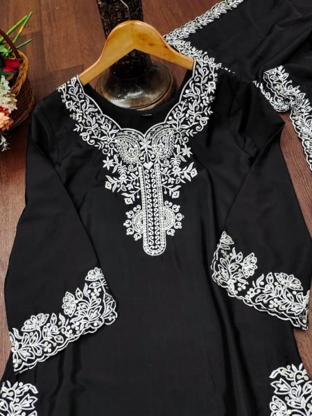 Comfy Black Crepe Sequence Embroidery Top Plazzo   Dupatta For Functional Wear  Straight Cut Long Kurtis