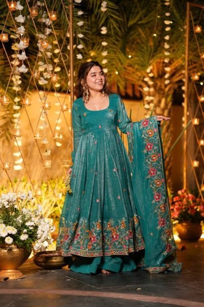  Comfy  Bottle Green Fully Stitch Crunchy Silk Gown with rich sequence embroidery work for Special Occasions Embroidery Kurtis 