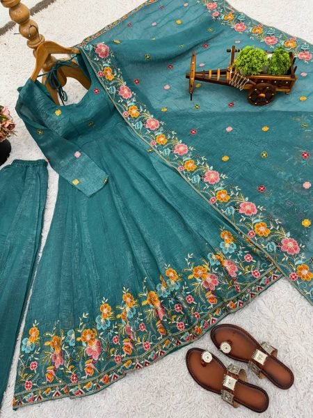  Comfy  Bottle Green Fully Stitch Crunchy Silk Gown with rich sequence embroidery work for Special Occasions Embroidery Kurtis 