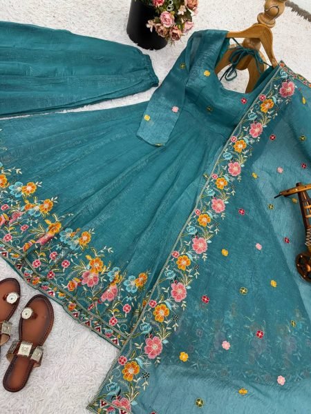  Comfy  Bottle Green Fully Stitch Crunchy Silk Gown with rich sequence embroidery work for Special Occasions Embroidery Kurtis 