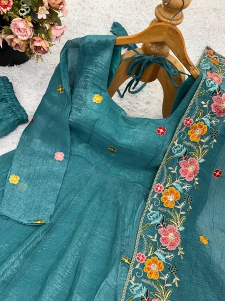  Comfy  Bottle Green Fully Stitch Crunchy Silk Gown with rich sequence embroidery work for Special Occasions Embroidery Kurtis 
