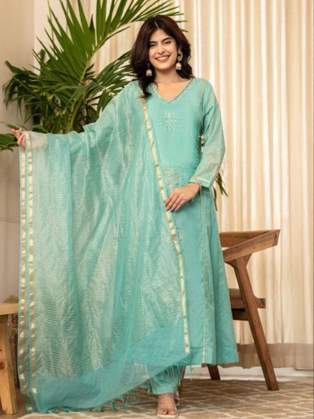 Comfy Bottle Green  Mul Chanderi Embroidered Kurti Pant with Banarasi Dupatta at Wholesale Rate 
