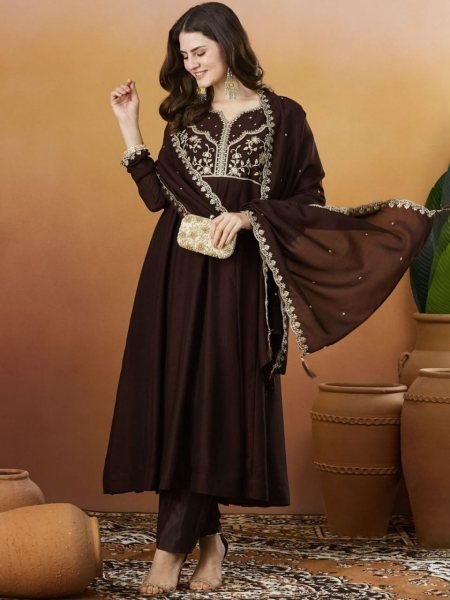 Comfy Coffee Vichitra Silk Embroidered Kurti with Pant and Dupatta for Stylish Outfit Anarkali Kurtis 