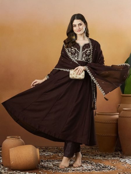 Comfy Coffee Vichitra Silk Embroidered Kurti with Pant and Dupatta for Stylish Outfit Anarkali Kurtis 