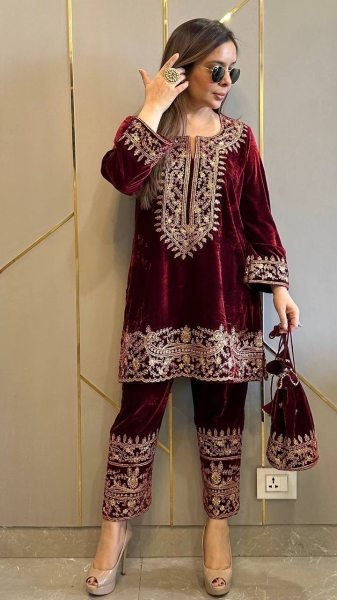 Comfy Red Velvet Fully Stitched with 3 4 Sleeves Kurti Pant at Wholesale Rate for Reseller  CO ORD Sets