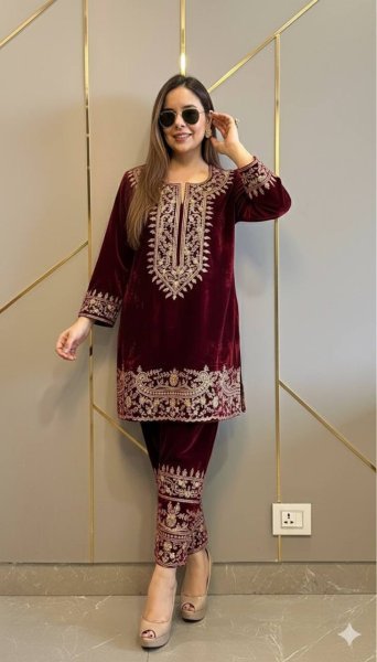 Comfy Red Velvet Fully Stitched with 3 4 Sleeves Kurti Pant at Wholesale Rate for Reseller  CO ORD Sets